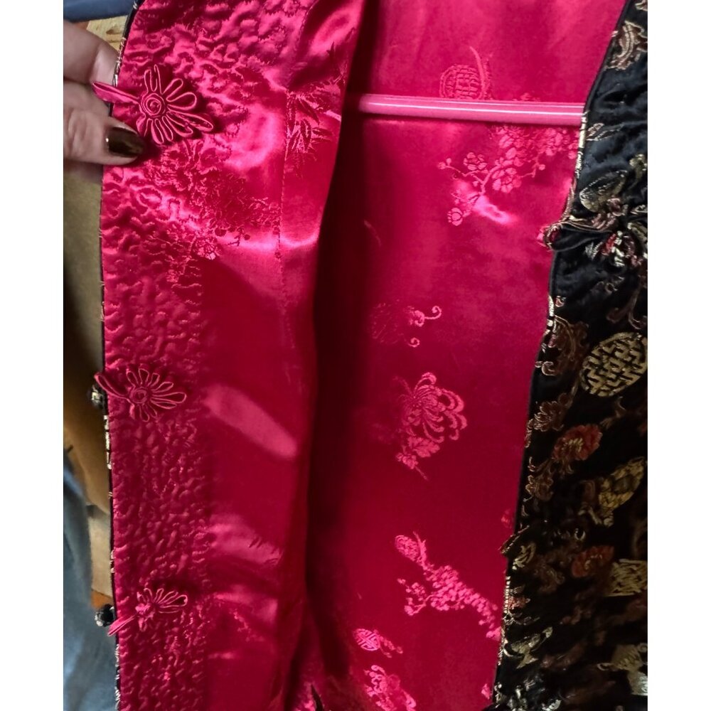 Vintage Reversible Chinese Brocade Jacket Frog Closures Black & Pink - Picture 4 of 9